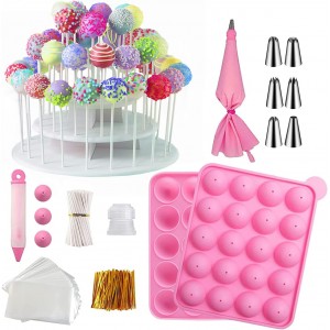 HiYZ Cake Pop Maker Kit, 20 Cavity Silicone Cake Pop Mold Set, 3-Tier Cake Stand, Decoration Pen with 6 Piping Tips, 100pcs Bags,Twist Ties, Lollipop Sticks,Suit for Party,Christmas