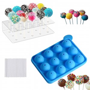 HiYZ Silicone Cake Pop Mold Set,12 Cavity Lollipop Maker Kit,100pcs Cake Pop Stick,15-Hole Acrylic Lollipop Holder for Baking Lollipop, Hard Candy, Cake and Chocolate, for Beginners Small Party-Blue